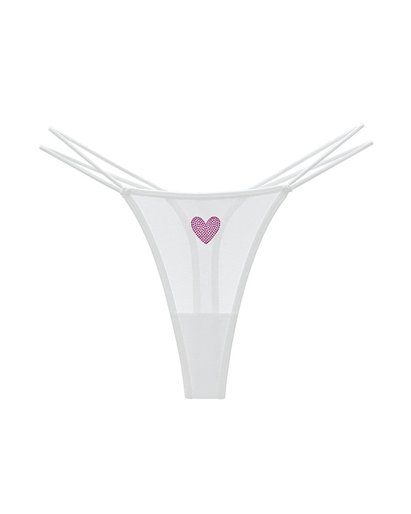 Sheer Mesh Rhinestone Heart Thong - Sexy Multi-Strap Low Rise Panties
