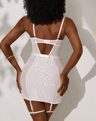 Sparkly Underwire Garter Slip Dress with Choker & Belts