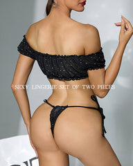 Off-Shoulder Lingerie Set Rhinestone Sheer Crop Top & Tie Side Thong