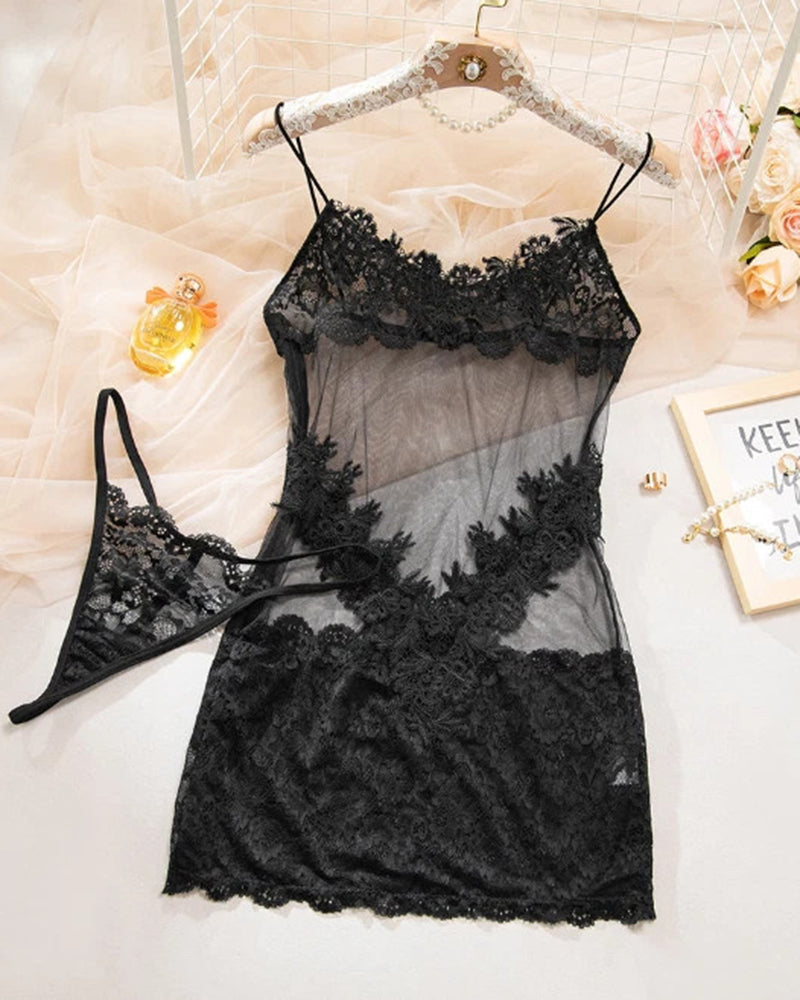 Sheer Floral Lace Nightdress with Panty+Stockings