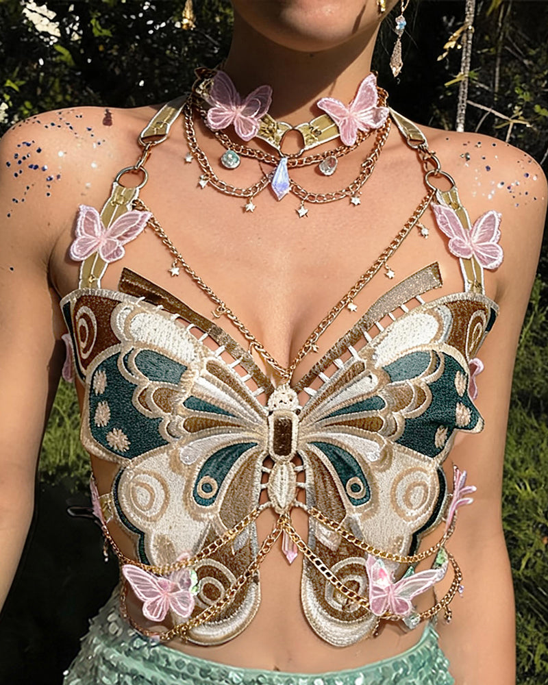Embroidered Butterfly Top with Pearl Chain & Sequin Skirt Options