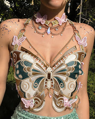 Embroidered Butterfly Top with Pearl Chain & Sequin Skirt Options