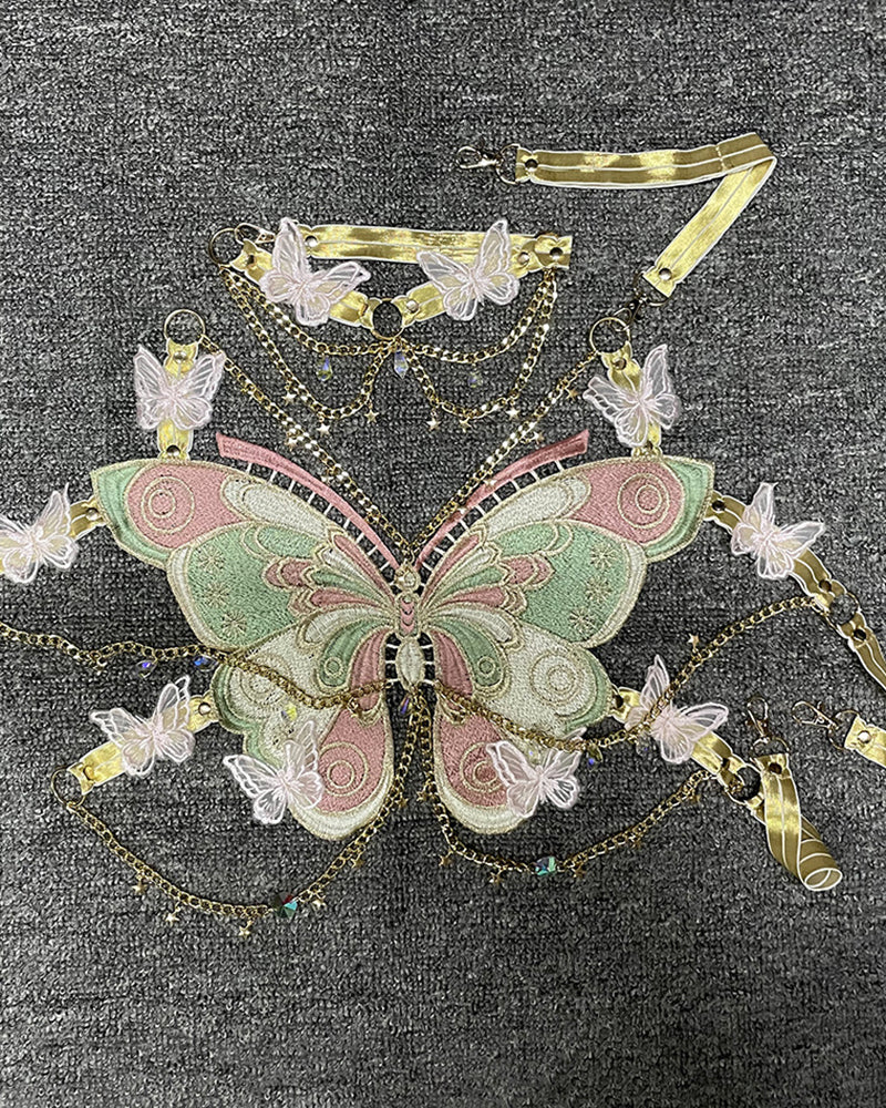 Embroidered Butterfly Top with Pearl Chain & Sequin Skirt Options