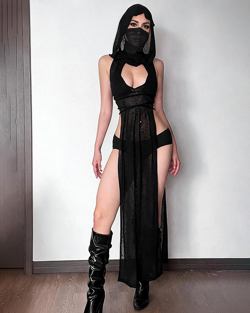 Sheer Hooded Maxi Dress Cutout Dress with High Slits