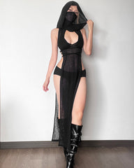 Sheer Hooded Maxi Dress Cutout Dress with High Slits
