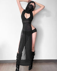 Sheer Hooded Maxi Dress Cutout Dress with High Slits