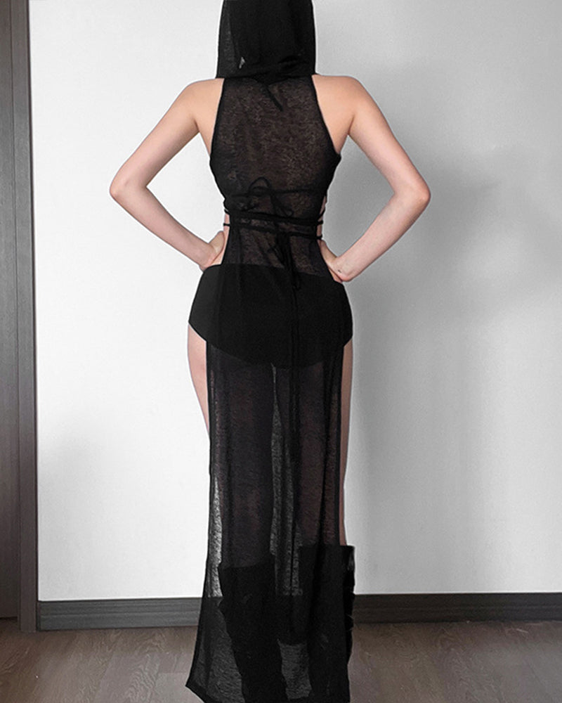 Sheer Hooded Maxi Dress Cutout Dress with High Slits