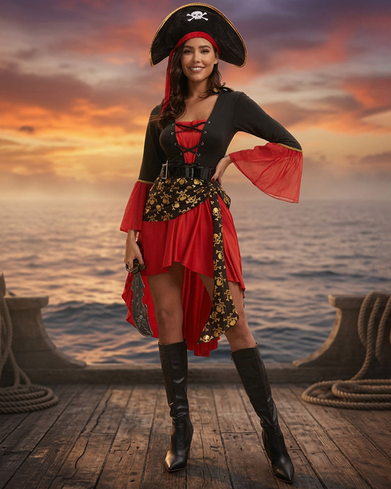 Pirate Costume Set Lace-Up Dress with Hat and Belt