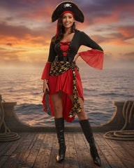 Pirate Costume Set Lace-Up Dress with Hat and Belt