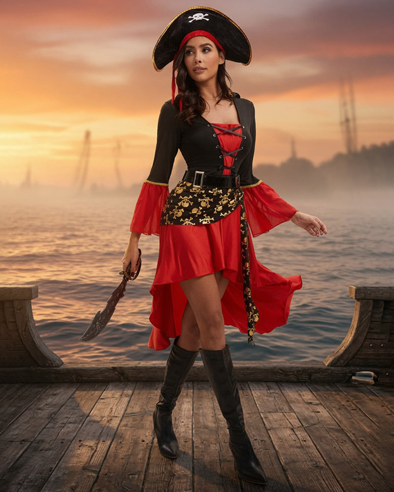 Pirate Costume Set Lace-Up Dress with Hat and Belt