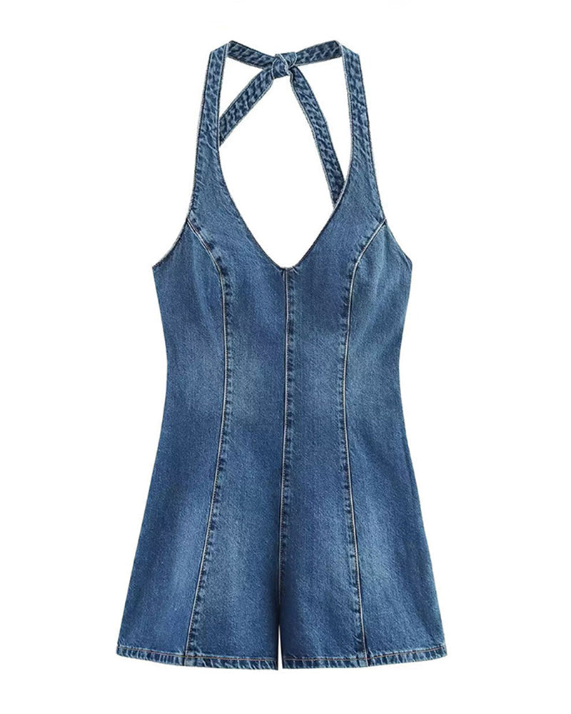 Sexy Denim Patchwork Halter Romper Bodysuit
