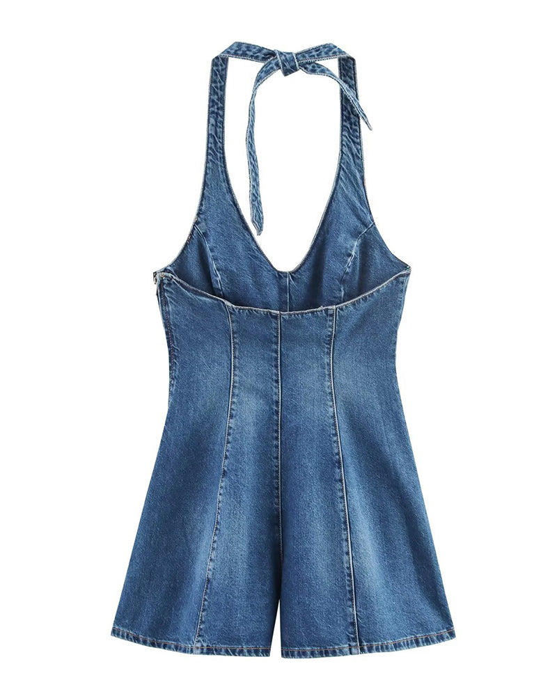 Sexy Denim Patchwork Halter Romper Bodysuit