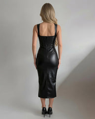 Faux Leather Sleeveless Bodycon Midi Dress