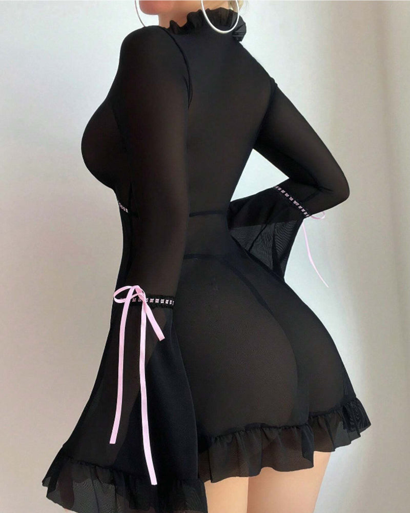 Ruffle Long Sleeve Sheer Mesh Chemise Babydoll Lingerie