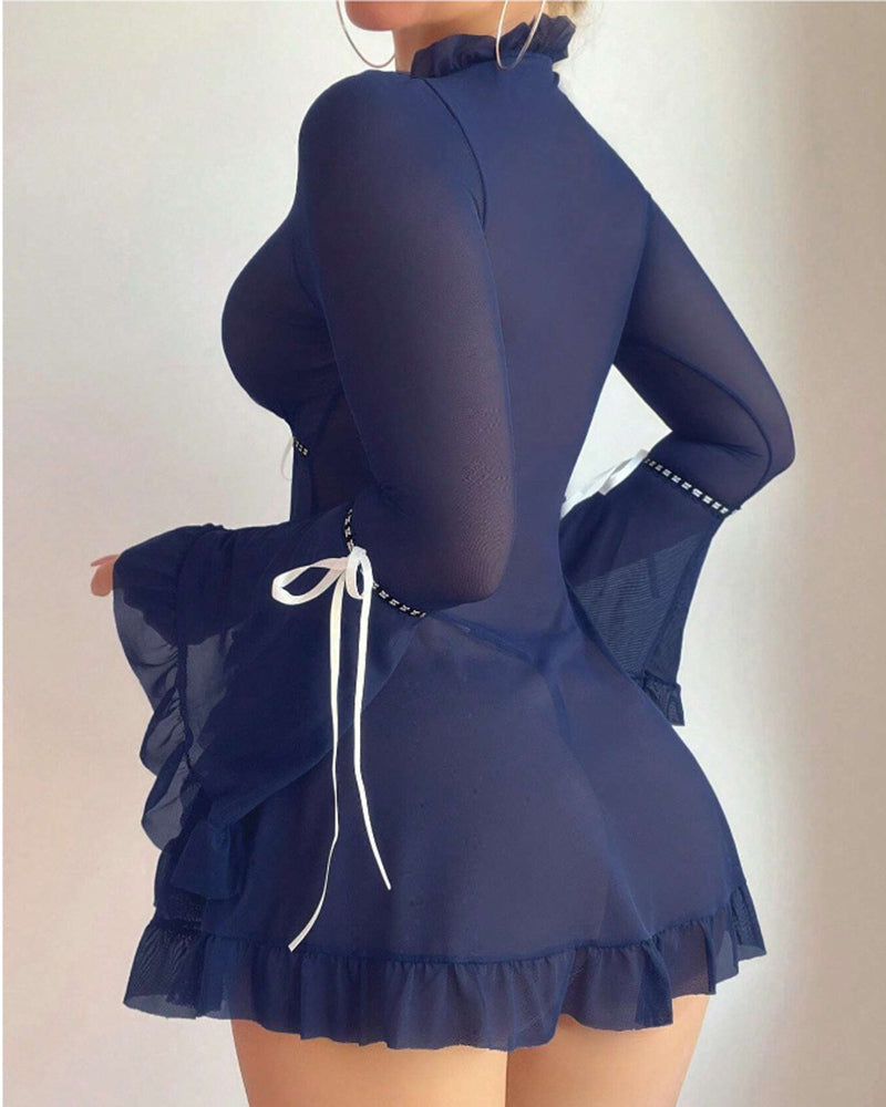 Ruffle Long Sleeve Sheer Mesh Chemise Babydoll Lingerie