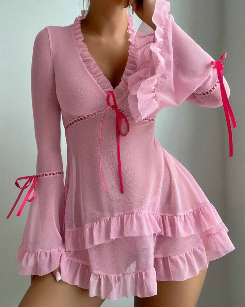 Ruffle Long Sleeve Sheer Mesh Chemise Babydoll Lingerie