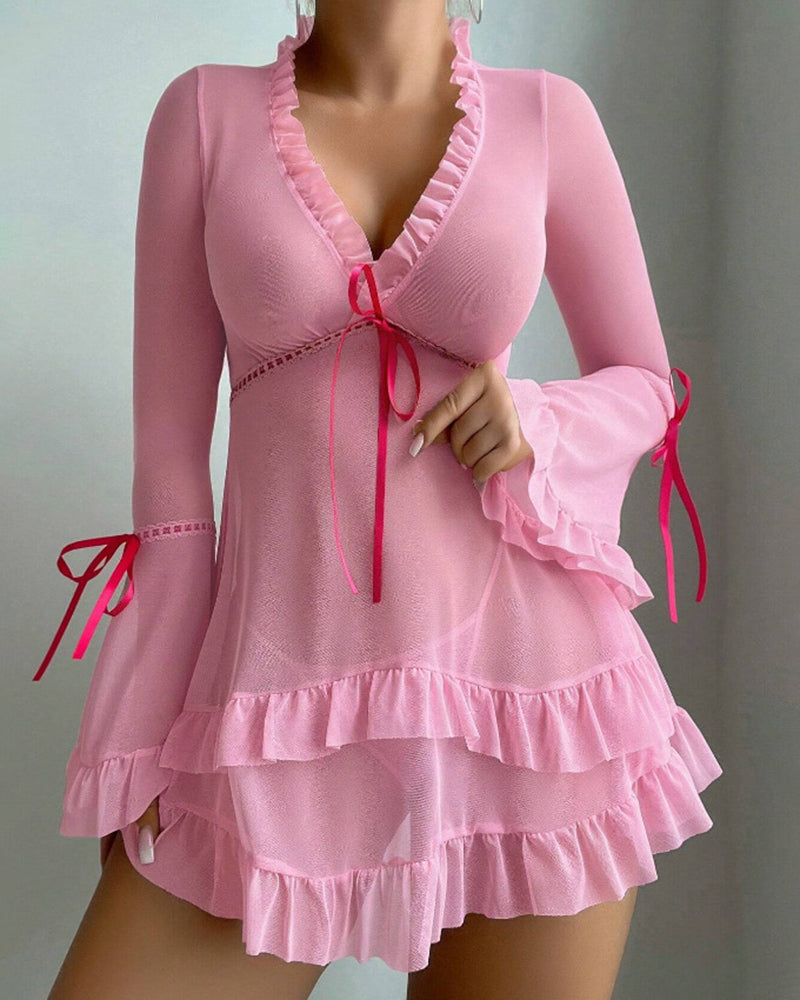 Ruffle Long Sleeve Sheer Mesh Chemise Babydoll Lingerie