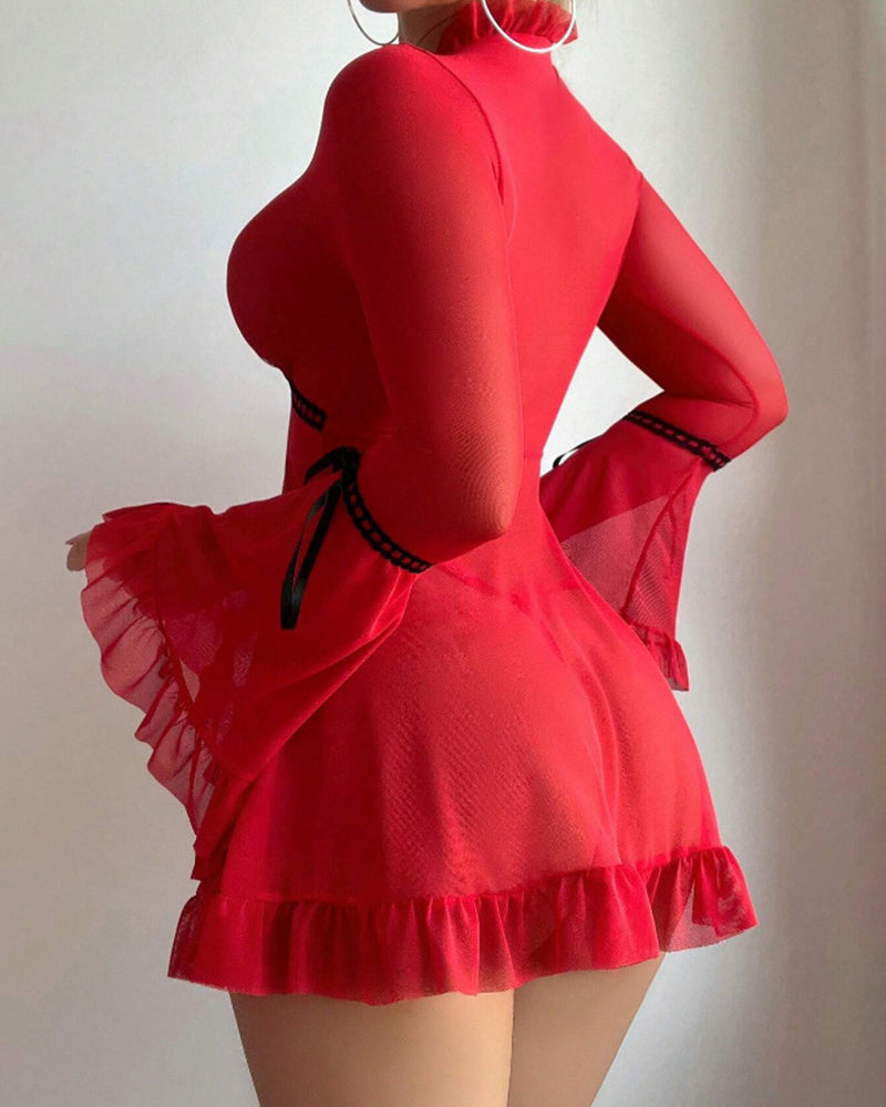 Ruffle Long Sleeve Sheer Mesh Chemise Babydoll Lingerie
