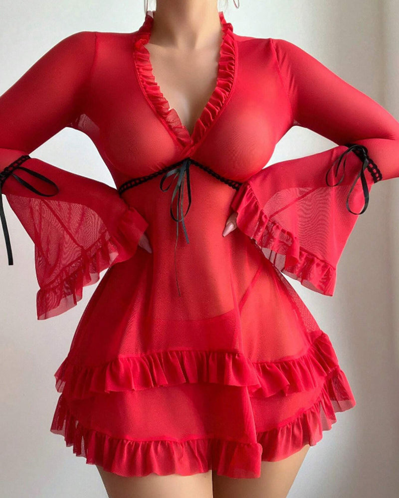 Ruffle Long Sleeve Sheer Mesh Chemise Babydoll Lingerie