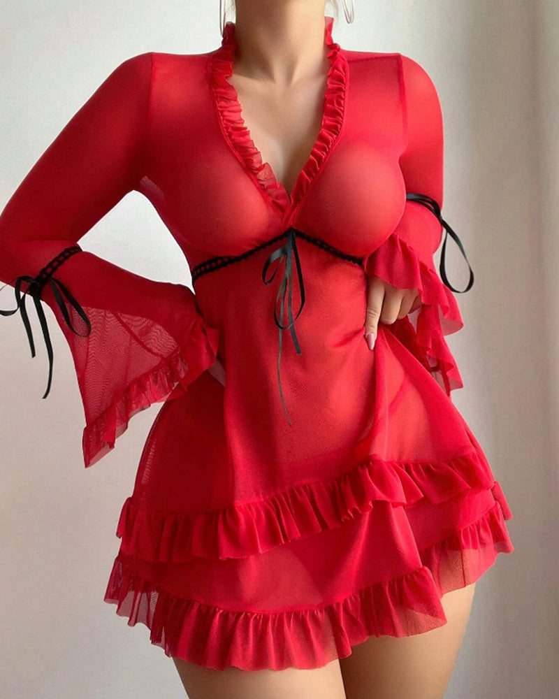 Ruffle Long Sleeve Sheer Mesh Chemise Babydoll Lingerie