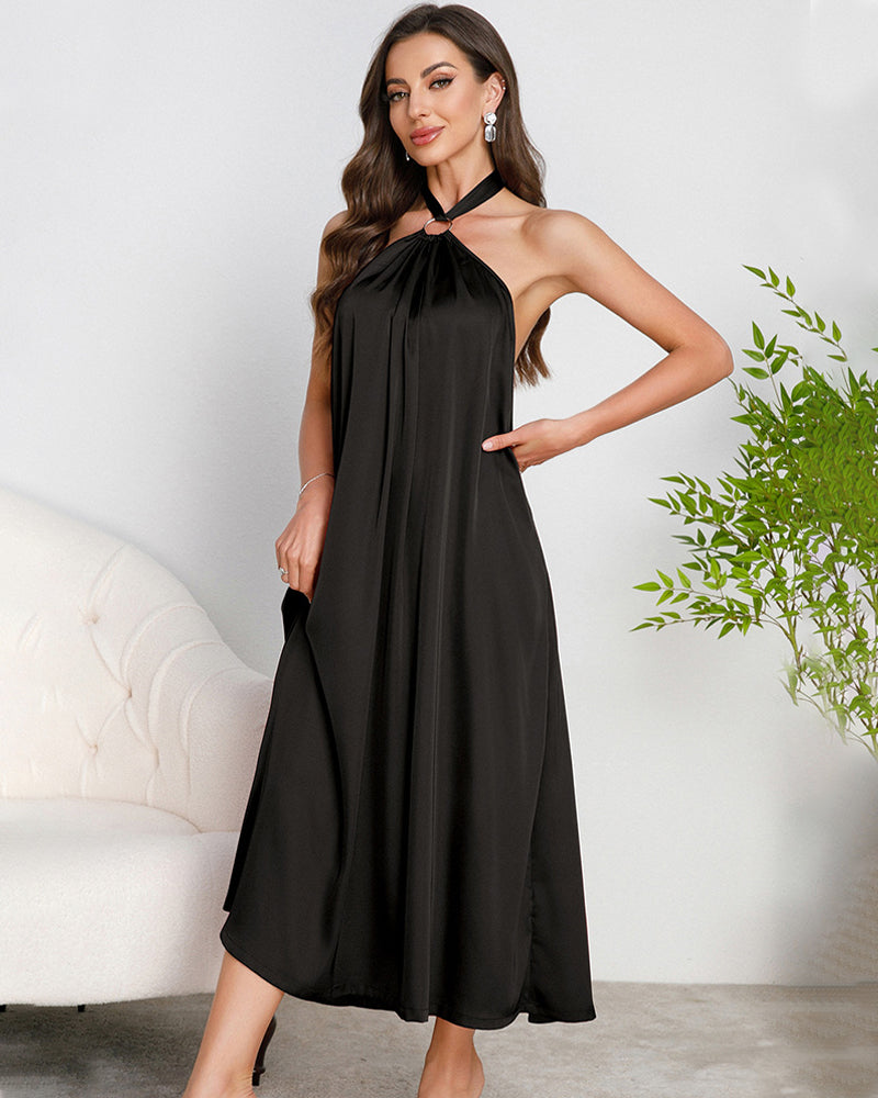 Satin Halter Maxi Dress O-Ring Backless Slip Nightgown