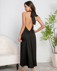 Satin Halter Maxi Dress O-Ring Backless Slip Nightgown