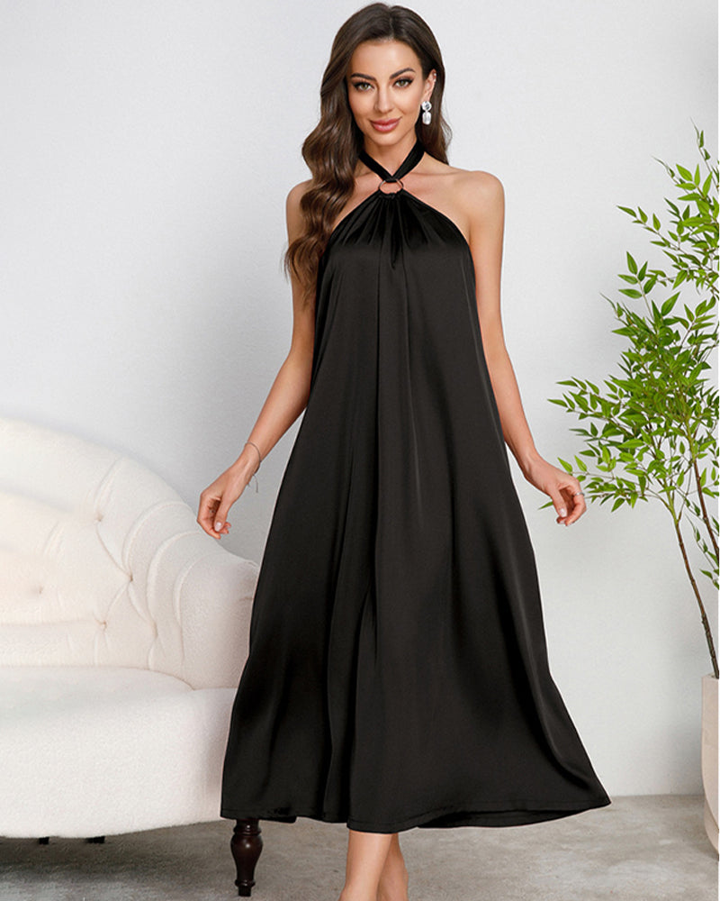 Satin Halter Maxi Dress O-Ring Backless Slip Nightgown