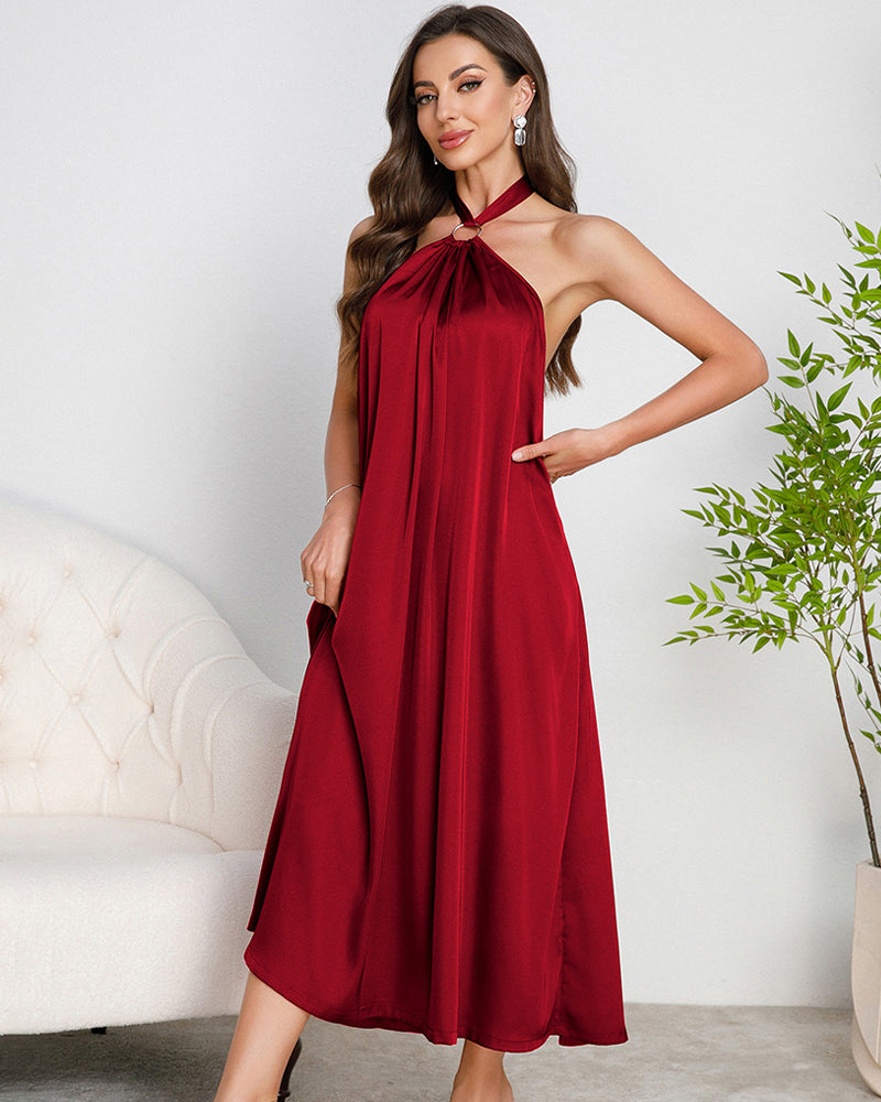 Satin Halter Maxi Dress O-Ring Backless Slip Nightgown