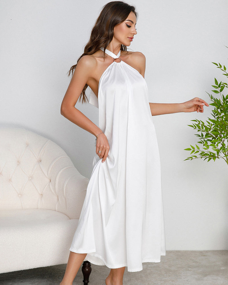 Satin Halter Maxi Dress O-Ring Backless Slip Nightgown