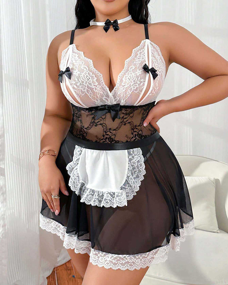 Maid Costume Plus Size Lingerie Lace Babydoll Dress with Apron