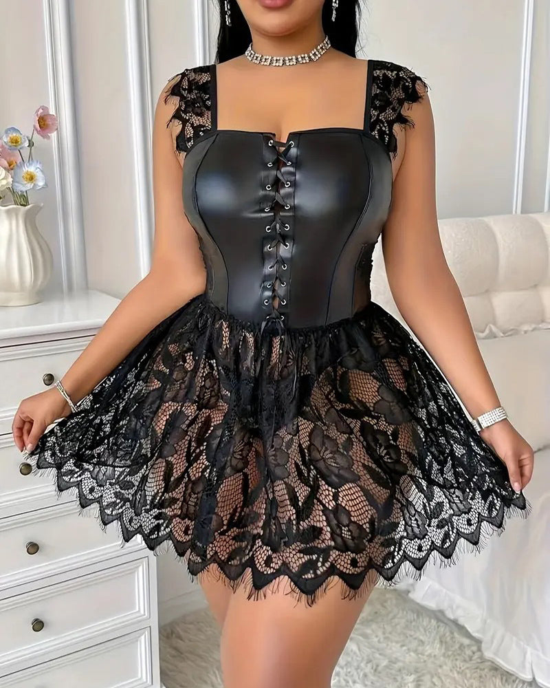 Plus Size Faux Leather Corset Lingerie with Lace Skirt