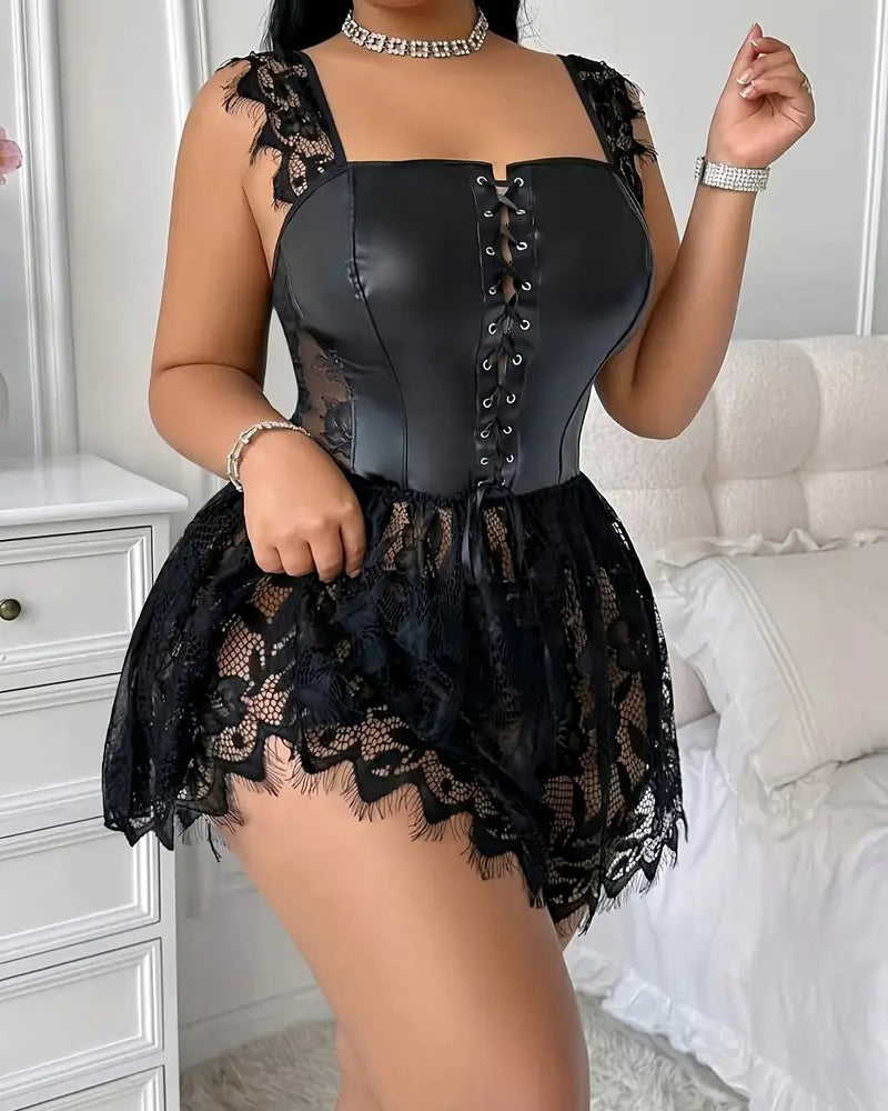 Plus Size Faux Leather Corset Lingerie with Lace Skirt