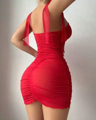 Ruched Mesh Mini Dress with Garter Detail and Fishnet Stockings