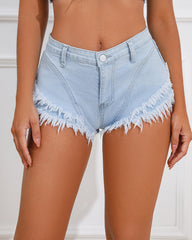 Low Rise Denim Hot Shorts with Frayed Hem