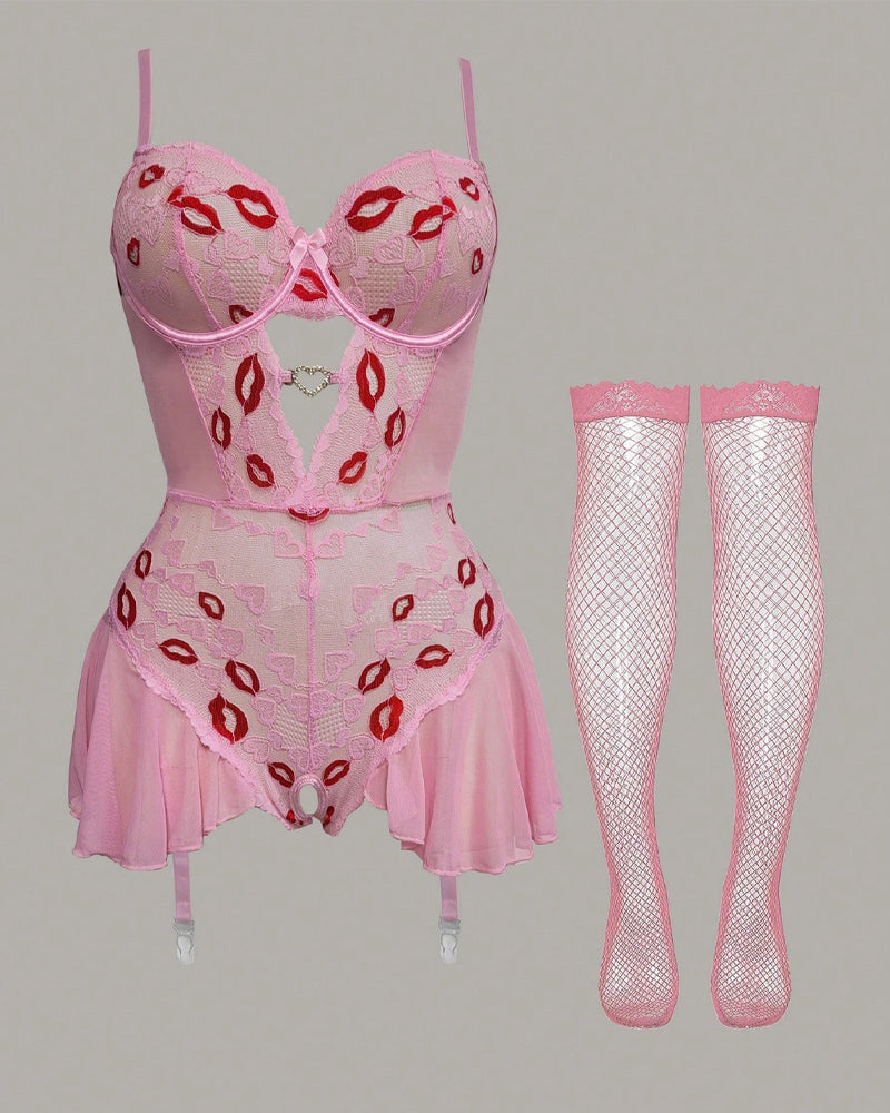 Lip Print Crotchless Bustier Set with Fishnets