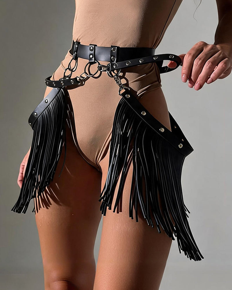 PU Fringe Mini Wrap Skirt with Harness