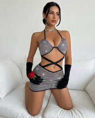 Glitter Halter Cut-Out Mini Dress