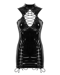 Faux Leather Lace-Up Turtleneck Bodycon Mini Dress