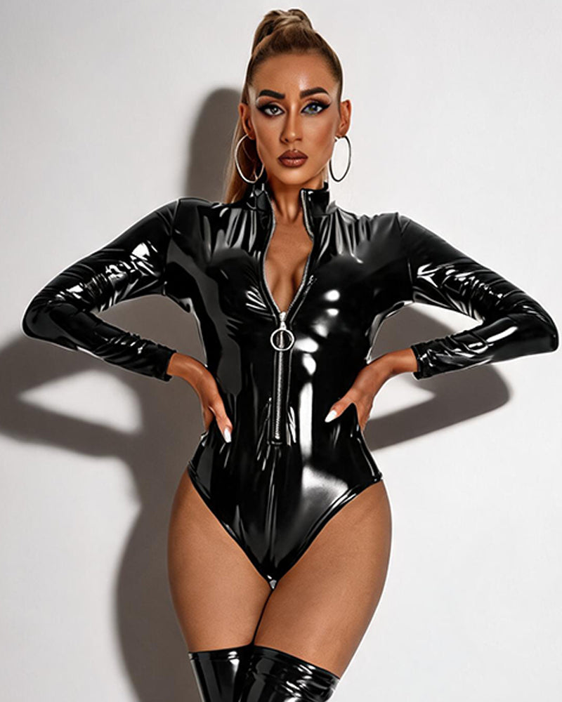 Faux Leather Long Sleeve Zip-Up Bodysuit