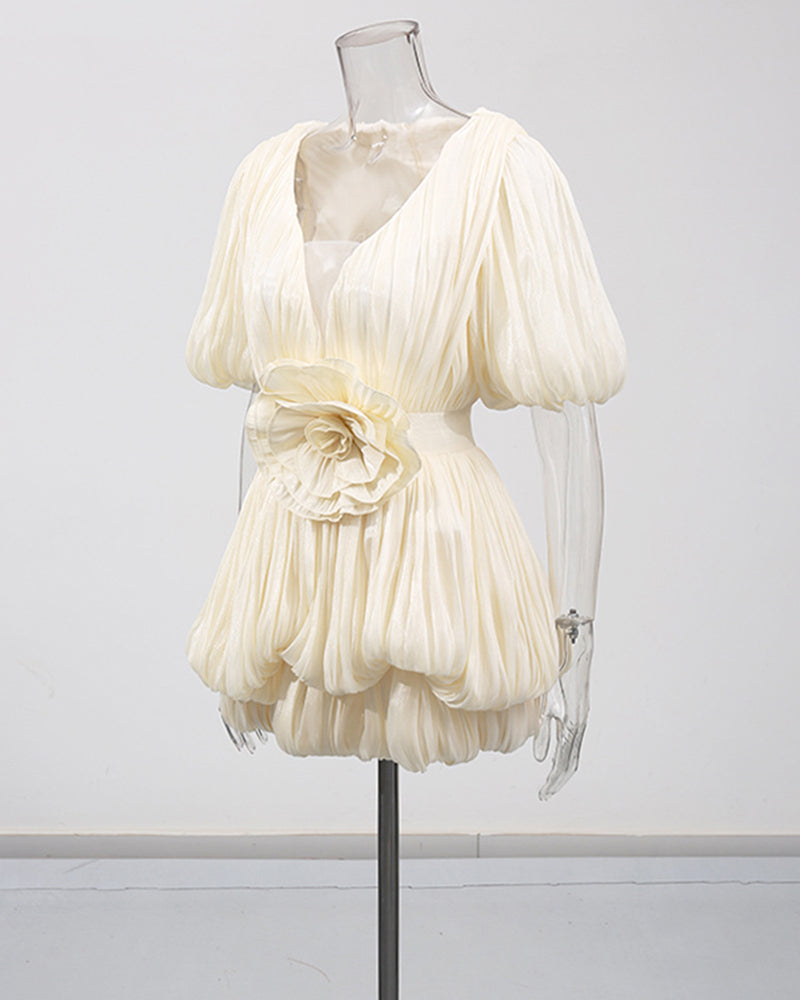 Pleated Puff Sleeve Deep V Party Mini Dress with Floral Waist