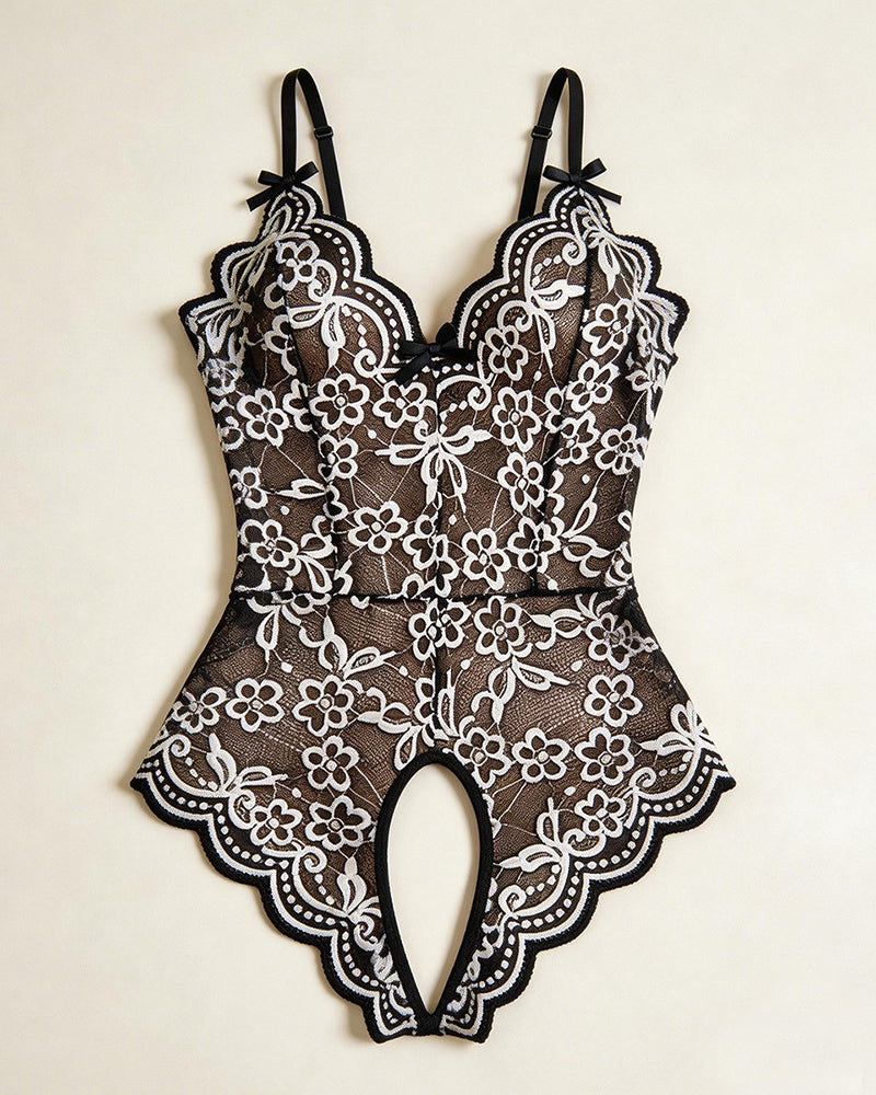 Floral Lace V-Neck Bow Strap Crotchless Teddy
