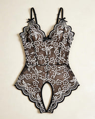 Floral Lace V-Neck Bow Strap Crotchless Teddy