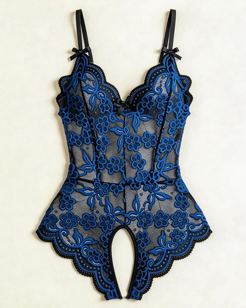 Floral Lace V-Neck Bow Strap Crotchless Teddy