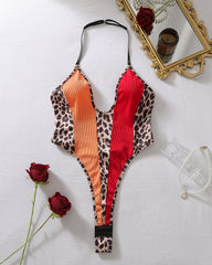 Leopard Colorblock Ribbed Halter One-Piece Swimsuit with High Cut Leg