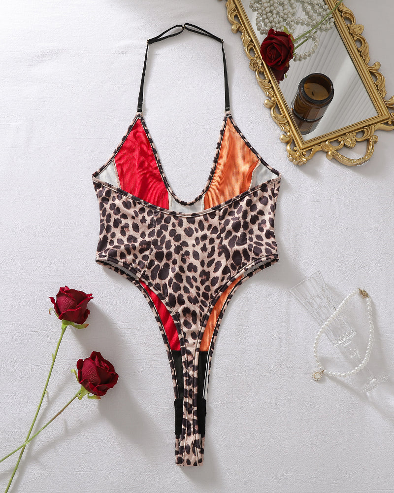 Leopard Colorblock Ribbed Halter One-Piece Swimsuit with High Cut Leg