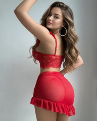 Strapless Floral Lace Bra and Sheer Ruffle Mini Skirt Lingerie Set
