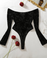 Floral Velvet Long Sleeve Off-Shoulder Zip-Front Bodysuit