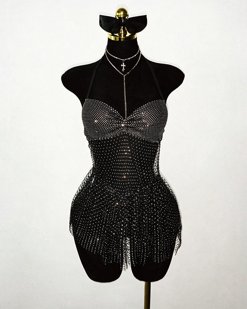 Rhinestone Mesh Halter Bodycon Mini Dress with Mesh Fringe Hem