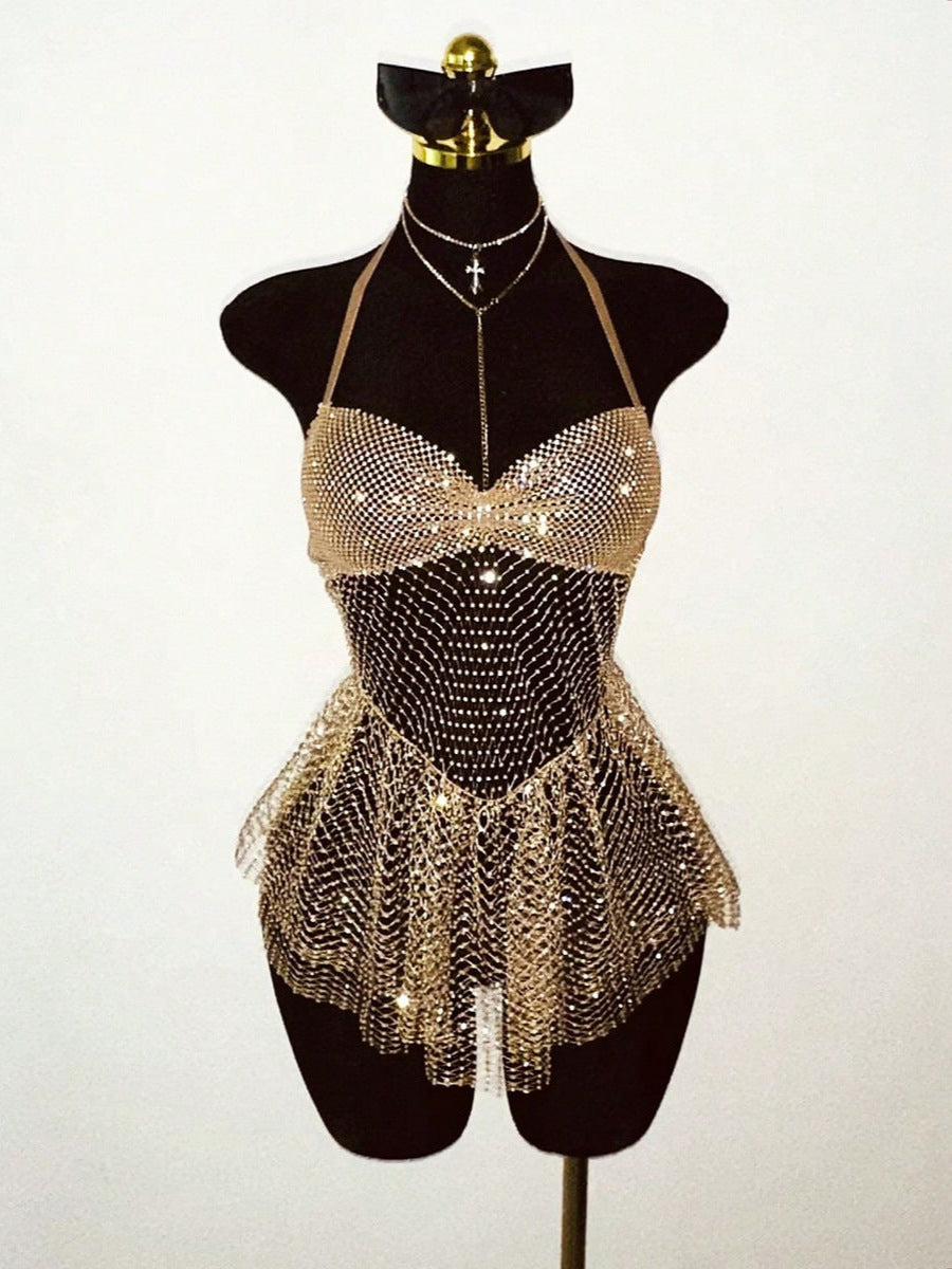 Rhinestone Mesh Halter Bodycon Mini Dress with Mesh Fringe Hem