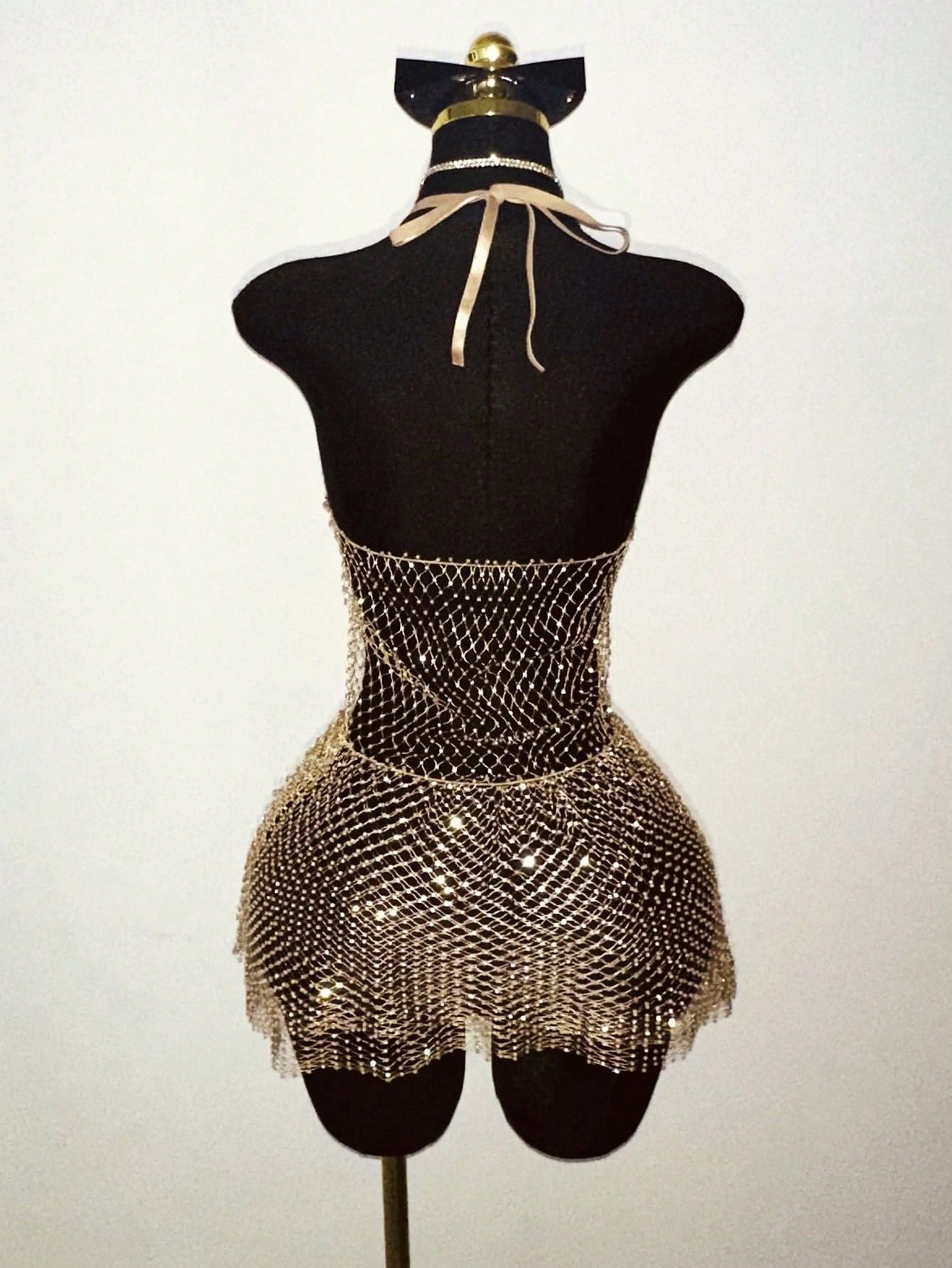Rhinestone Mesh Halter Bodycon Mini Dress with Mesh Fringe Hem